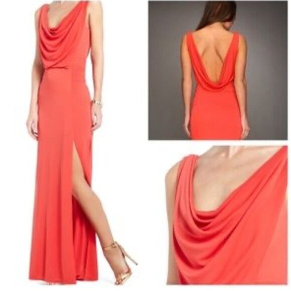BGBGMaxAzria "Lena" Orange/Red Draped front, Cowl Open Back Gown, Size Small - Picture 1 of 16